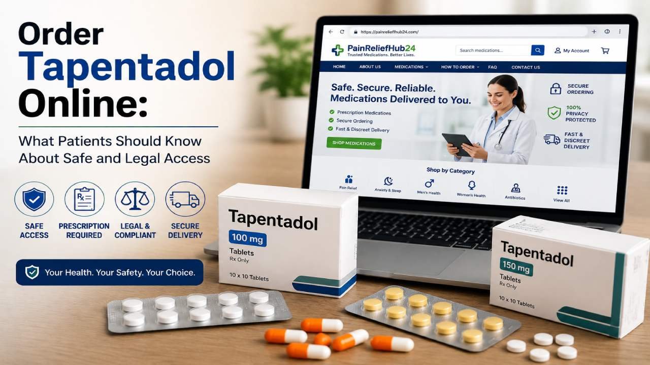 PainReliefHub24 online pharmacy website displayed on a laptop beside Tapentadol medication packaging, with prescription, safety, legal access, and secure delivery icons.